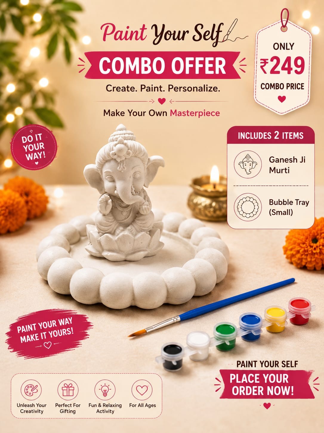 DIY Paint Ganesh Ji Murti & Small Bubble Tray Combo — handmade trinket tray, 12 cm (Tray)+8*5*2Inches(Ganesh ji Murti)