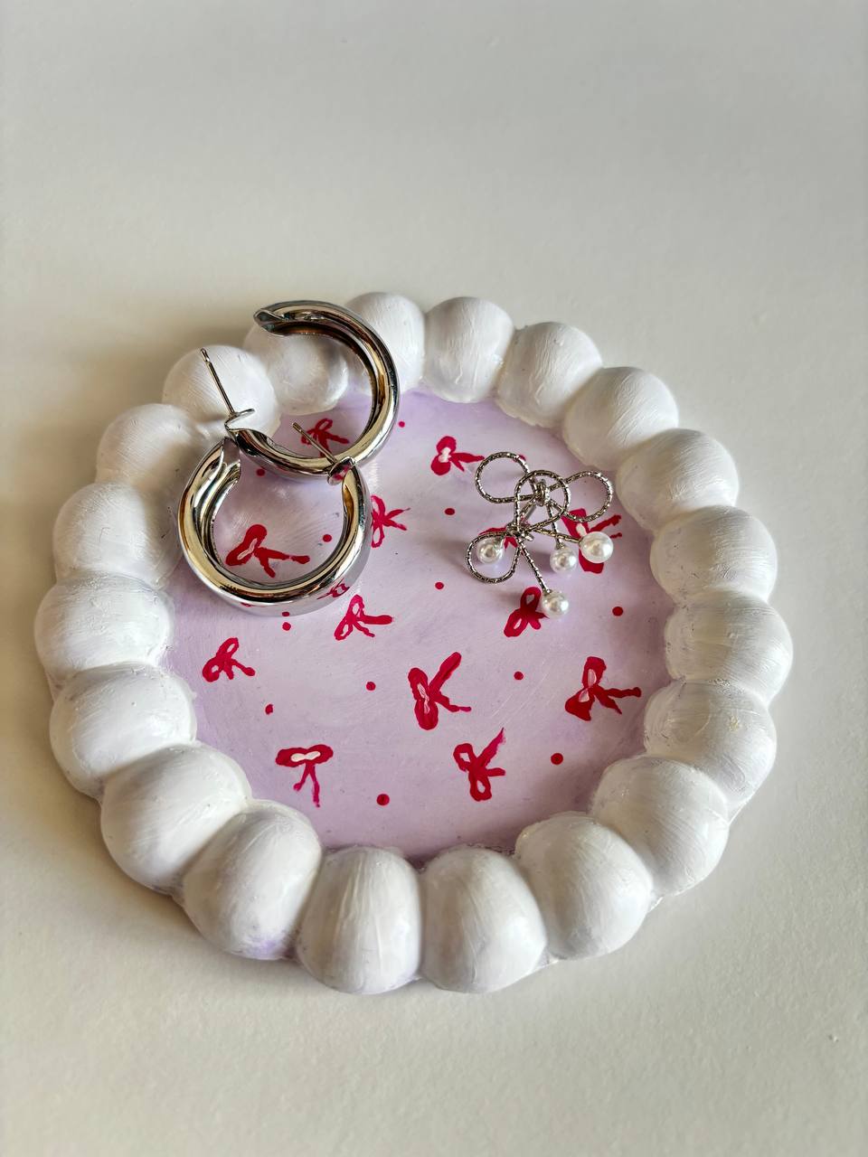 Pink Bow Trinket Tray — handmade trinket tray, 12 cm diameter × 1 inch height