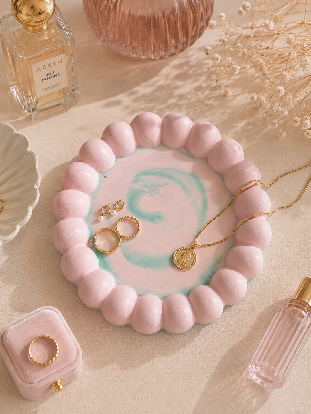  Pink + mint scalloped tray — handmade trinket tray, 12 cm Diameter * 1 inch Height 